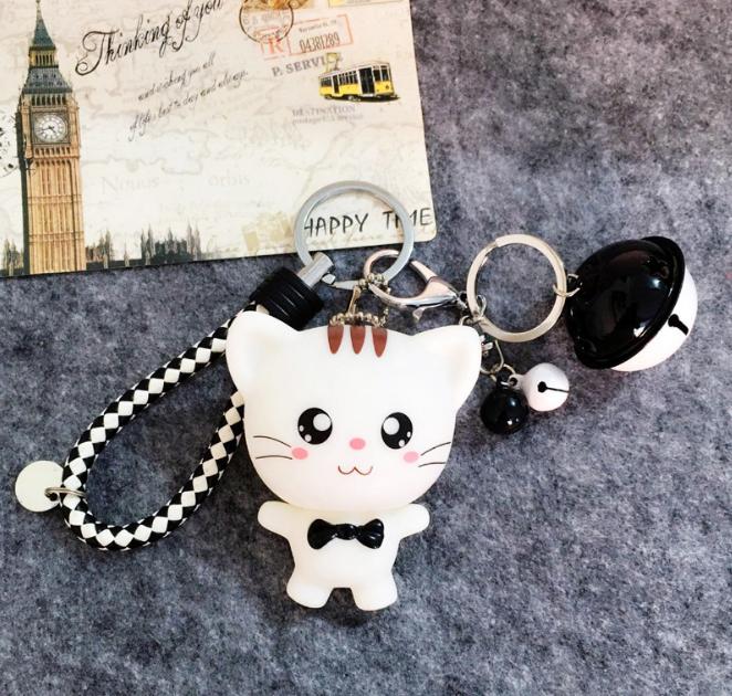 Móc khóa mèo nơ đen nguyên bộ kèm dây và chuông trắng đen