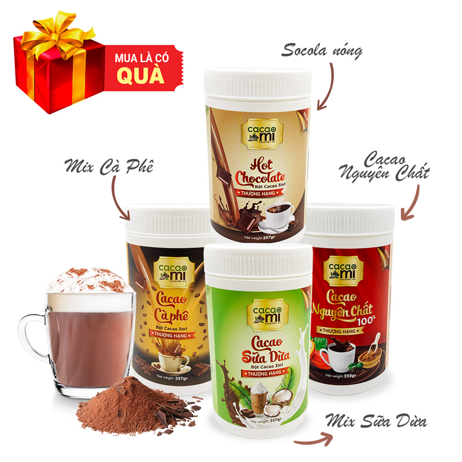 Bột cacao thuần chay đậm đà ca cao nguyên chất vị cà phê, sữa dừa, socola - Thức uống hỗ trợ tim mạch, trí nhớ