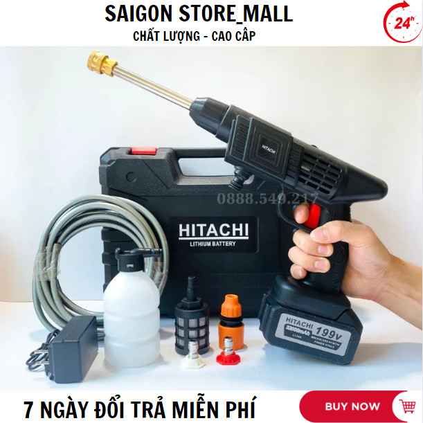 Máy rửa xe Hitachi 199V - Máy Rửa Xe 3 Pin Máy rửa xe mini gia đình máy rửa xe chạy pin 36000MAH. Bảo Hành 1 Năm