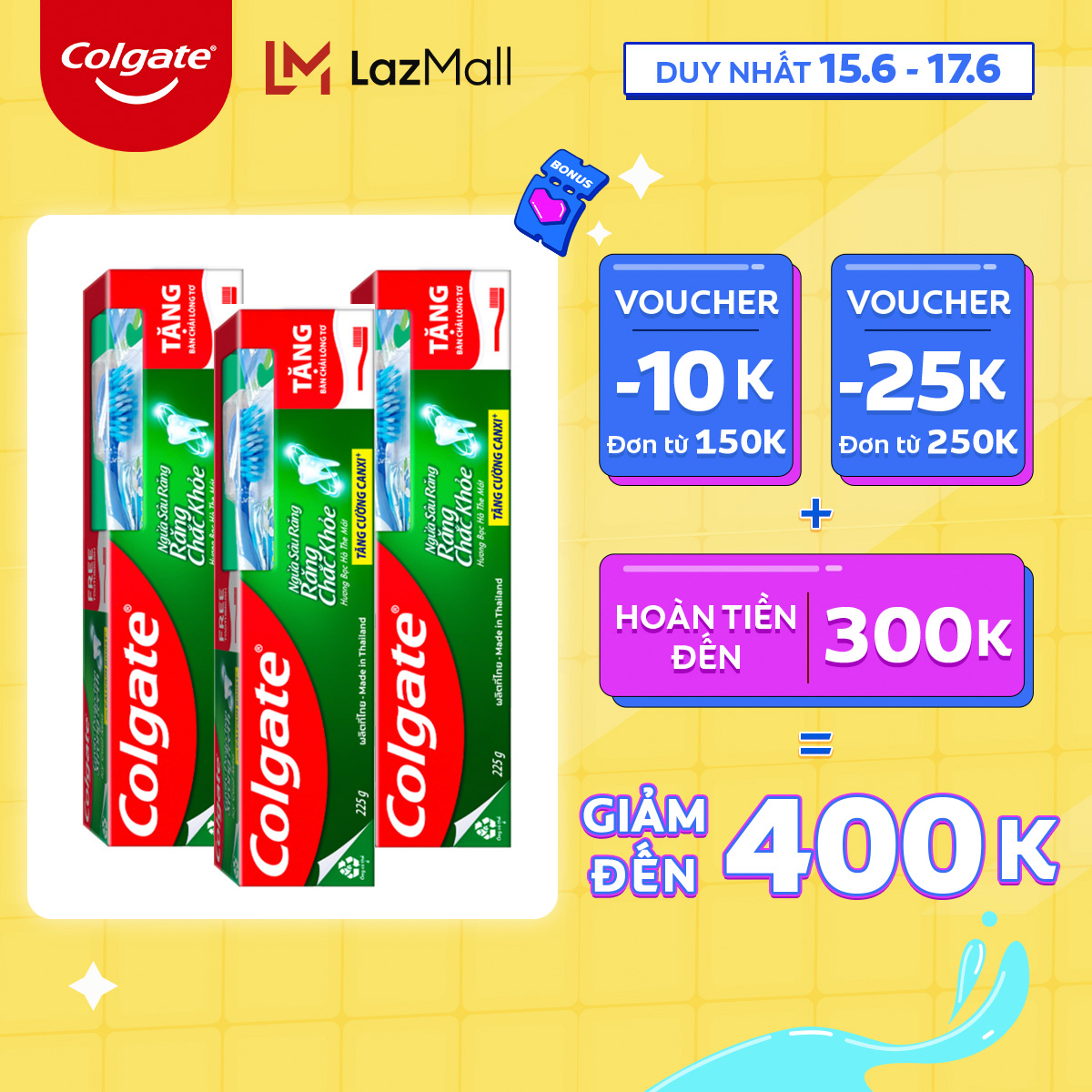 Duy nhất 1517.6Ưu đãi đến 50 Voucher 25k Bộ 3 kem đánh răng Colgate ngừa sâu răng răng chắc khỏe 225g/tuýp tặng bàn chải đánh răng lông tơ Thái Lan