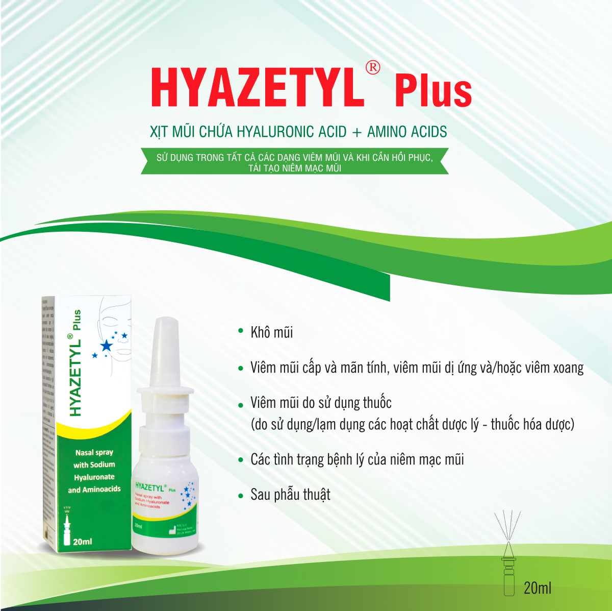 Xịt mũi Hyazetyl Plus, sản phẩm xịt mũi vô khuẩn, không chứa chất bảo quản, giảm các dạng viêm mũi viêm xoang và các triệu chứng khô mũi , giữ ẩm và bảo vệ cho niêm mạc mũi