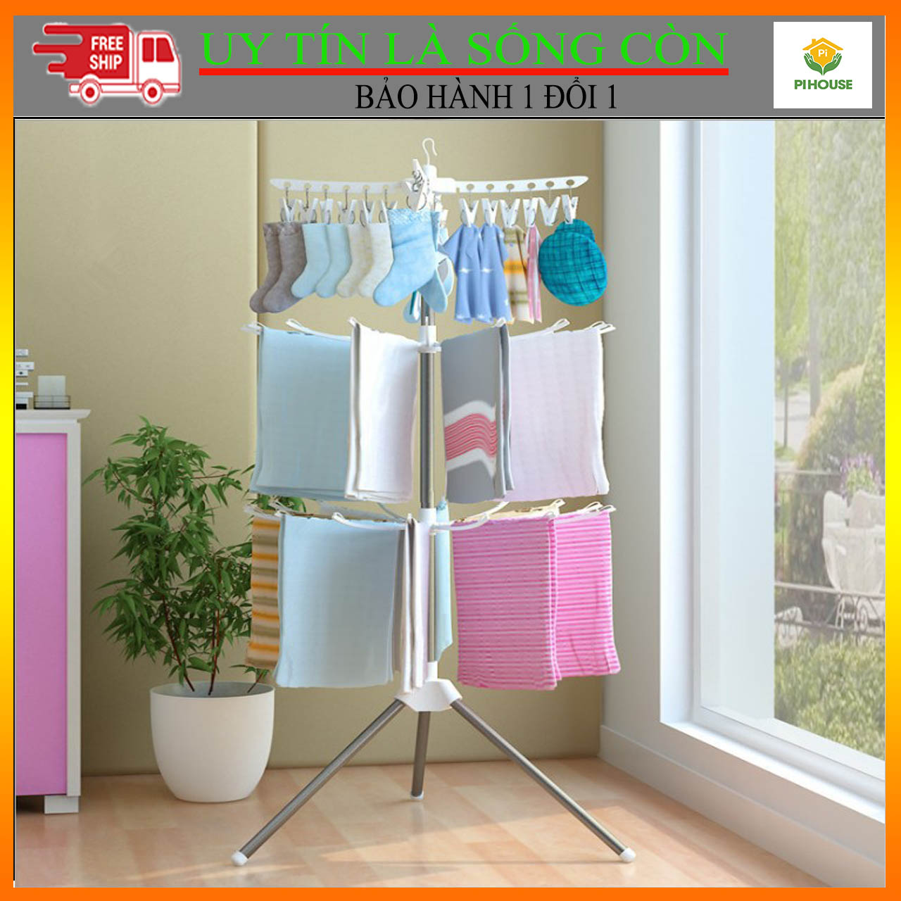 Cây Phơi đa năng PiHouse, Cây phơi quần áo khung inox xoay 360 độ,xếp gọn, Cây Phơi Đồ Cho Bé