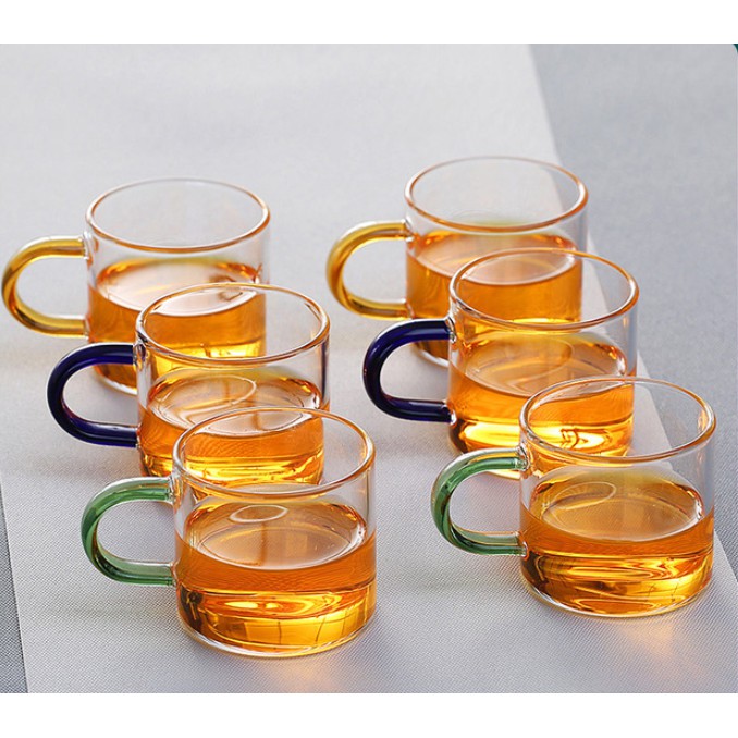 Sẵn hàng - chén trà thủy tinh chịu nhiệt quai màu - set 6 chiếc 120ml