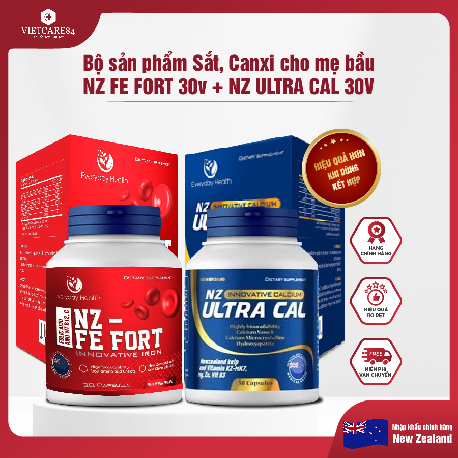 Bộ sản phẩm sắt, canxi cho mẹ bầu nhập khẩu chính hãng gồm: viên sắt hữu cơ nz fe fort và viên canxi hữu cơ nz ultra cal