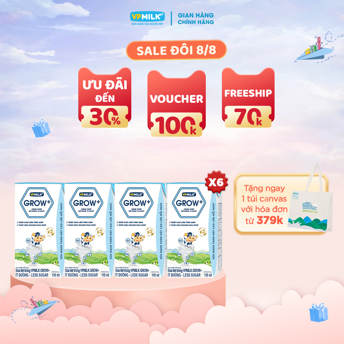 Sữa tiệt trùng vpmilk grow+ ít đường cho bé từ 1 tuổi