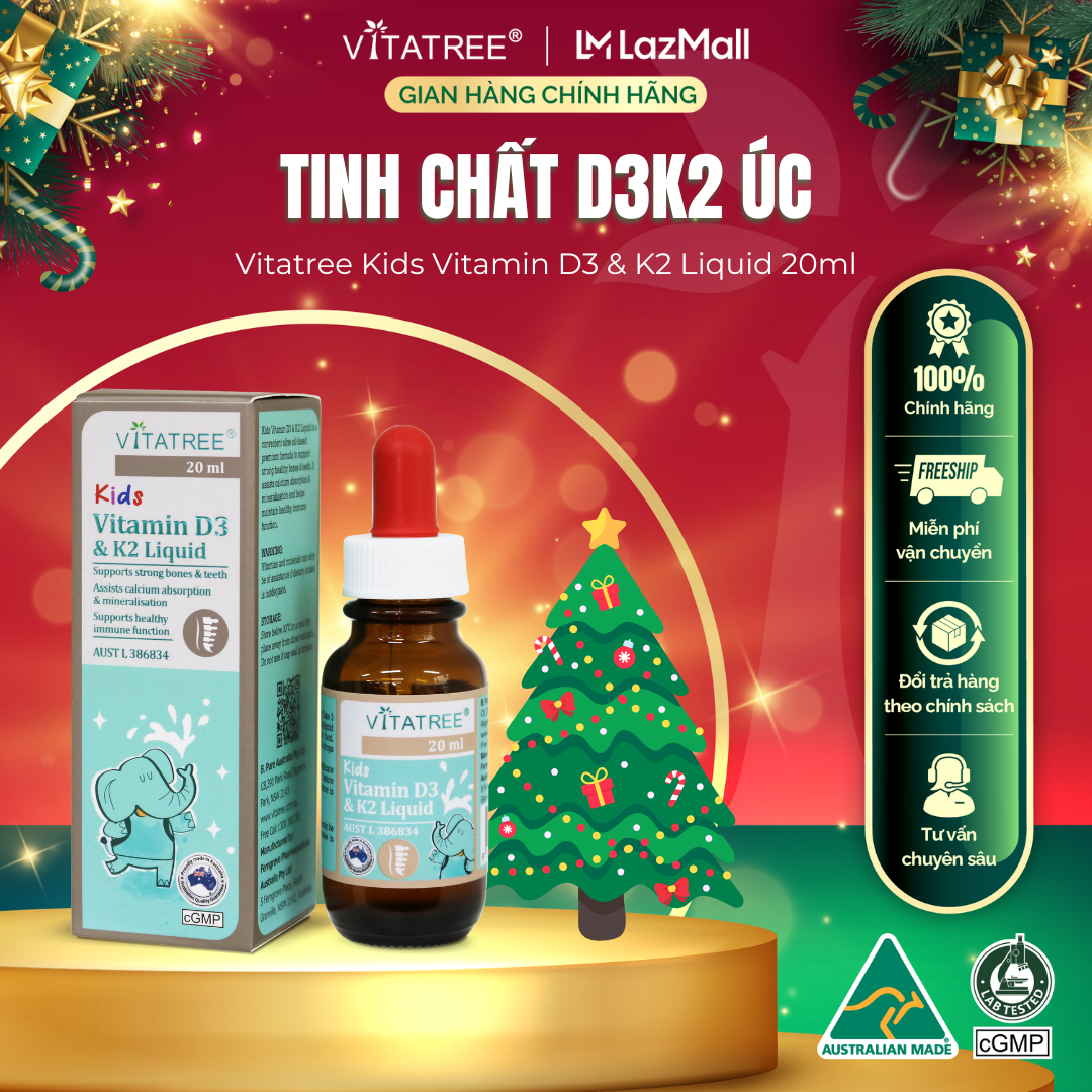 Tinh chất D3 K2 hỗ trợ hấp thu canxi cho trẻ từ 6 tháng tuổi - Vitatree Kids Vitamin D3 & K2 Liquid 20ml