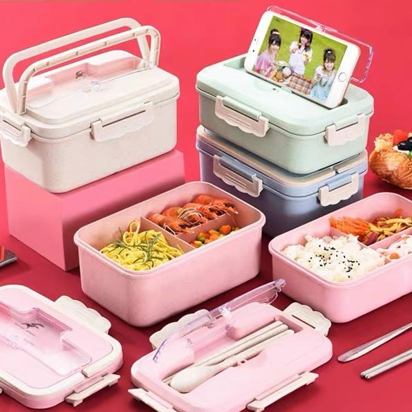 Hộp đựng cơm giữ nhiệt 2 tầng 3 ngắn cao cấp - cà men lúa mạch an toàn sức khỏe, tặng kèm muỗng đũa - hộp đựng cơm văn phòng giữ nhiệt, chống tràn