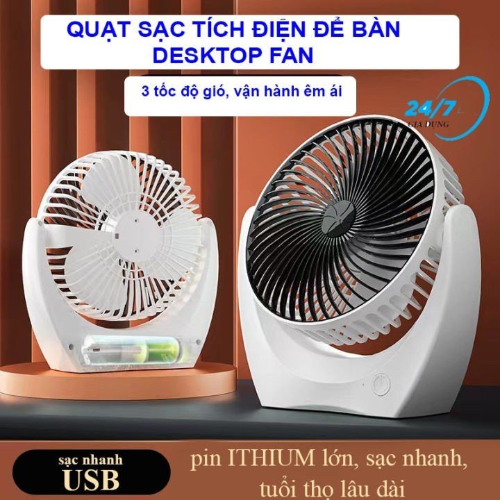 Quạt Tích Điện Để Bàn Mini , Quạt Mini, Kẹp Bàn Chắc Chắn, Xoay 720 Độ - Bảo Hành 12 Tháng