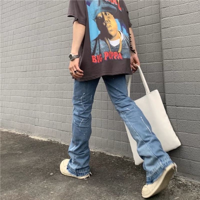 Quần jeans ống loe xả lai vẩy sơn phong cách vinatge xanh - đen