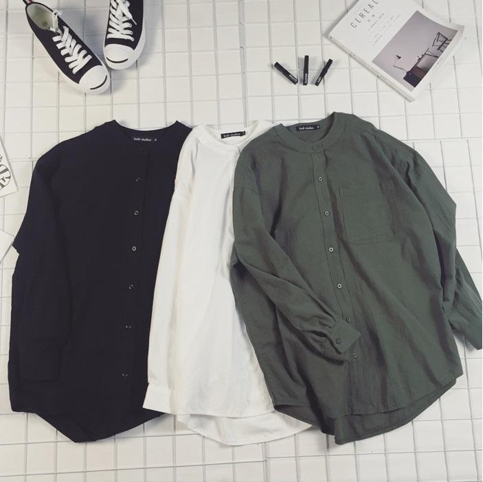 Combo 3 Áo sơ mi nam cổ tàu form rộng (Đen, Trắng, Xanh) + Tặng kèm 1 áo thun nam dài tay cao cấp