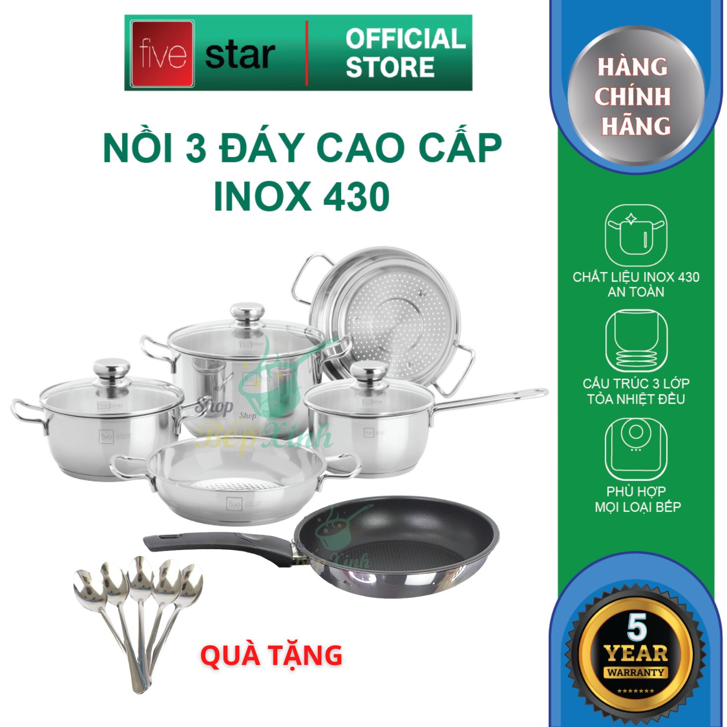 Bộ nồi chảo Inox 430 Fivestar Standard dùng được mọi bếp , tặng 5 muỗng