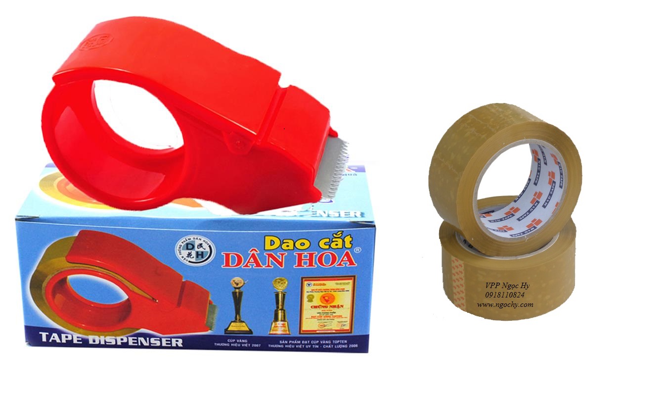 Combo bộ dụng cụ cắt băng keo 5f - gồm 01 cái cắt băng keo cầm tay 5f sắt và 02 cuộn băng keo đục 5f - 100yard