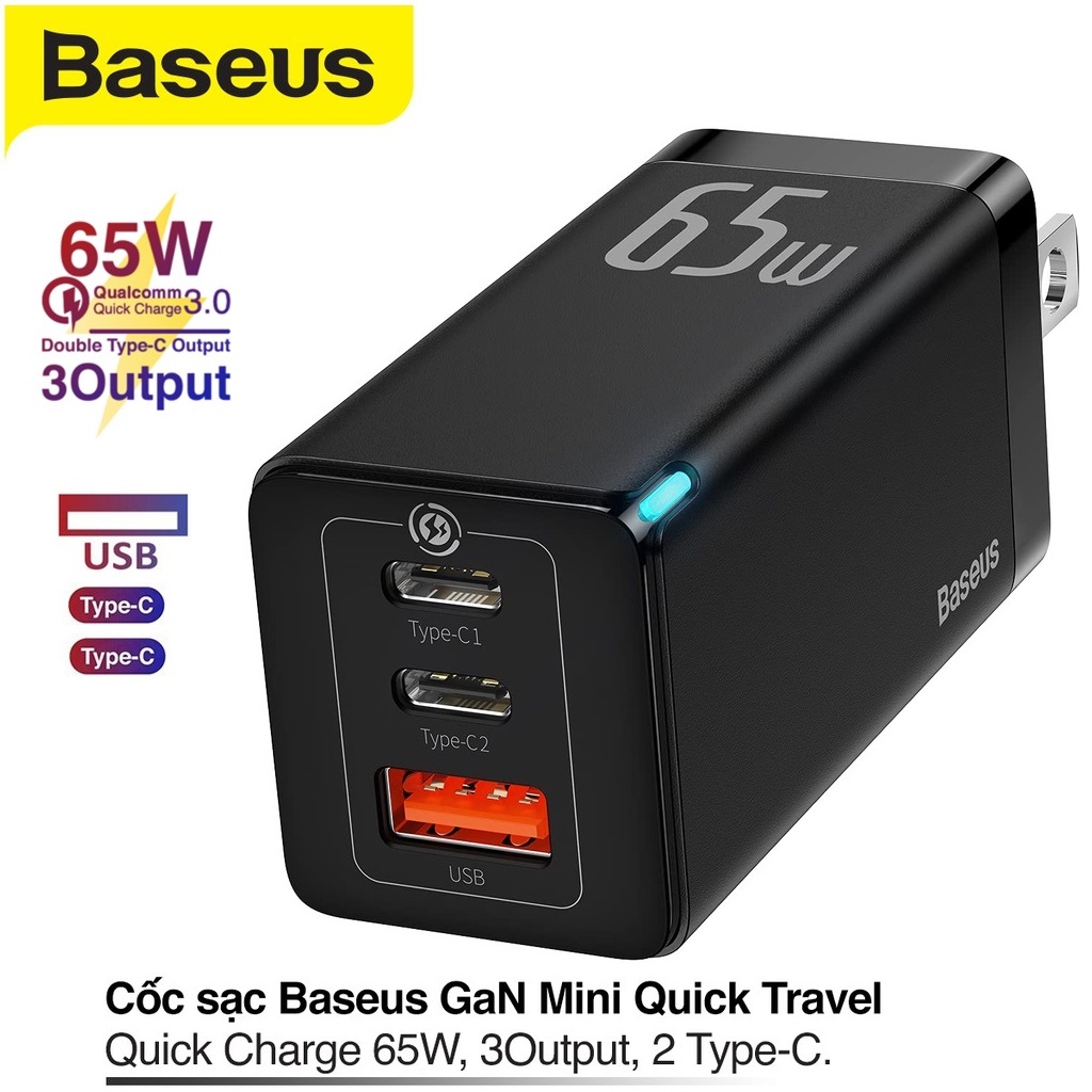 Củ Sạc Nhanh 65w chính hãng Baseus mini Quick Chager, 3 cổng sạc nhanh cho điện thoại và laptop ( Chân Dẹp Gập Tiện Lợi )
