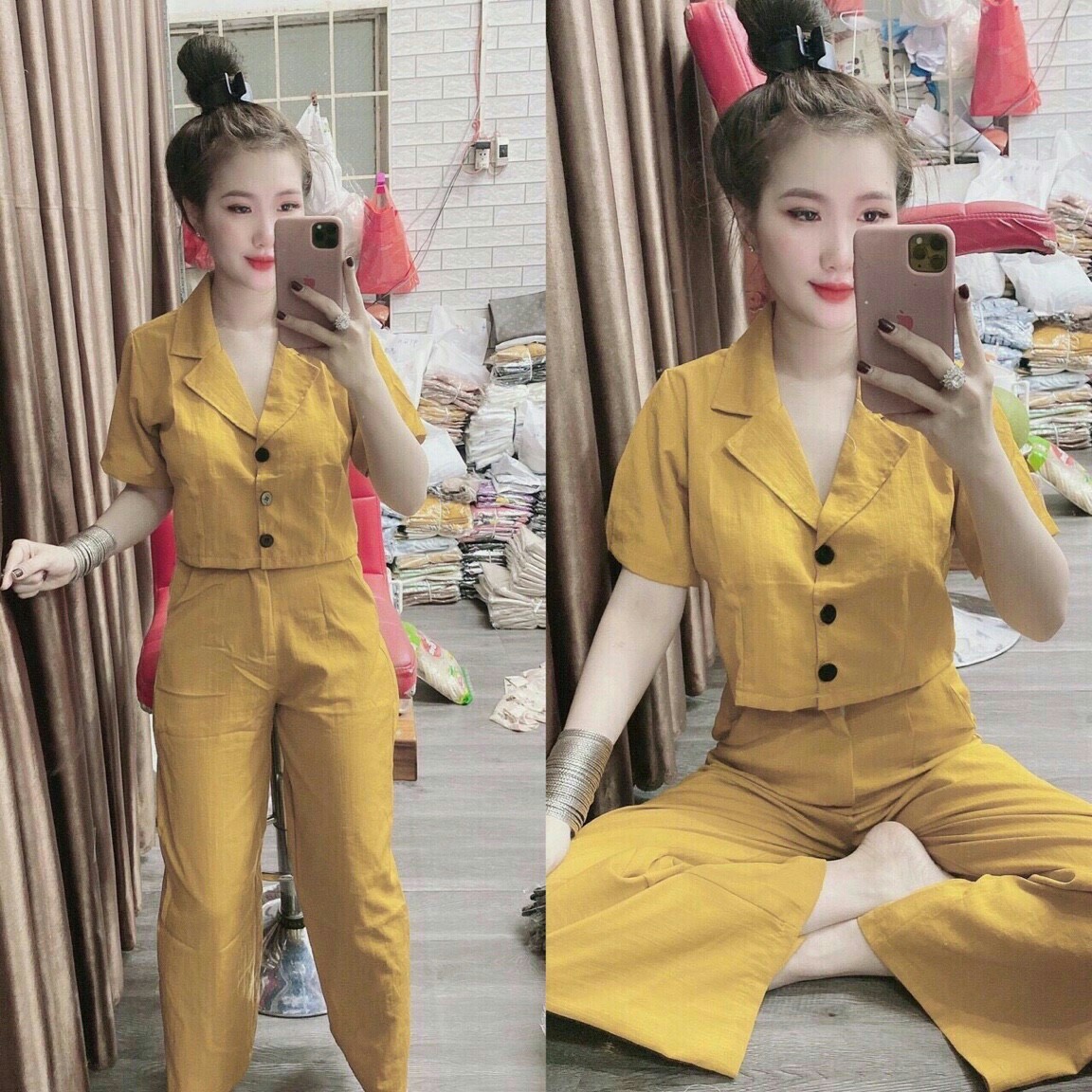 SÉT ÁO CROPTOP KIỂU CÀI NÚT,CỔ VEST,QUẦN ỐNG ĐỨNG CỰC ĐẸP SANG CHẢNH, FORM CHUẨN HOT HIT, TTSGR