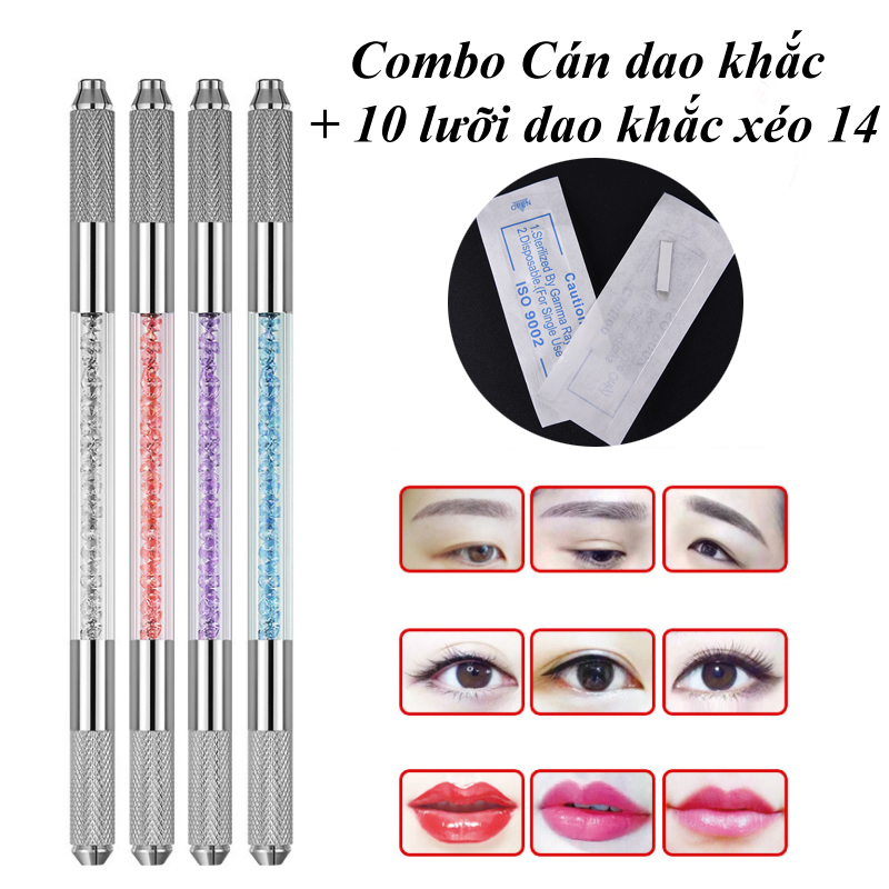 Combo 2 món - cán khắc đá 2 đầu + 10 cái lưỡi dao điêu khắc chân mày 14f xéo