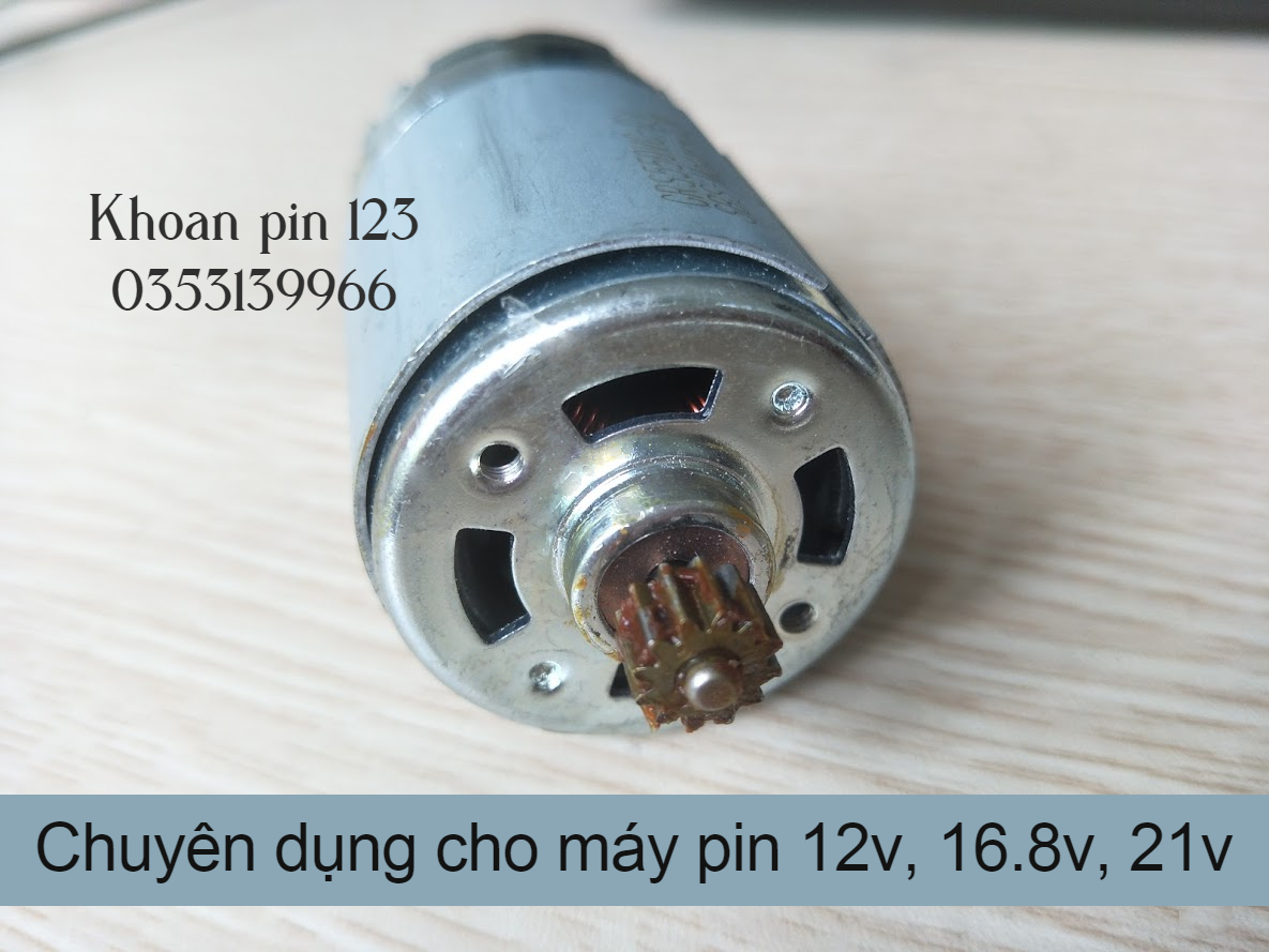 Motor 550 công suất cao có sẵn bánh răng chuyên cho máy pin 12v-168v-21v, phù hợp dùng với máy pin Liion+ Loại 21V thông thường, trục tròn sẵn bánh răng loại 9 răng và 12 răng