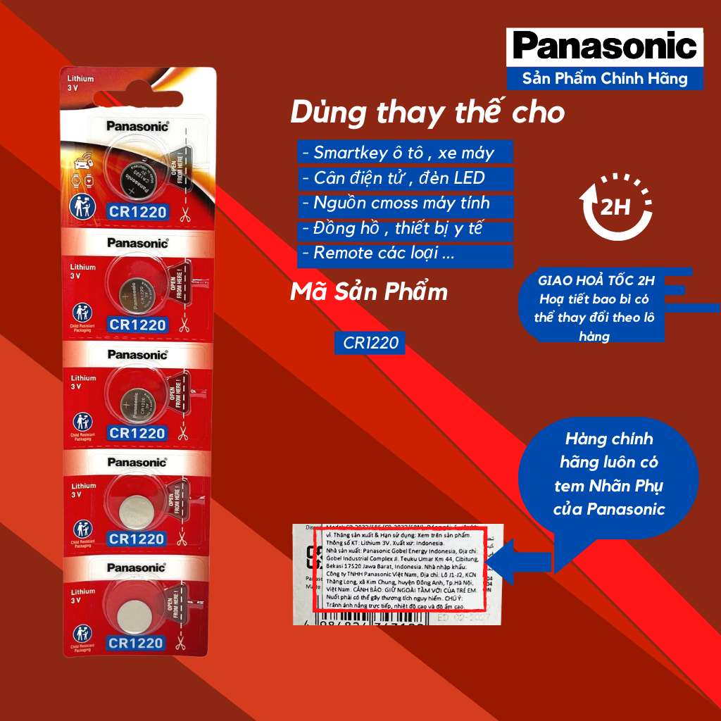 CR1220 Panasonic vỉ 5 viên made in Indonesia, thiết kế mỏng dẹt, chất liệu lithium chuyên dùng để thay cho các thiết bị như điều khiển ô tô, xe máy… có độ bền cao