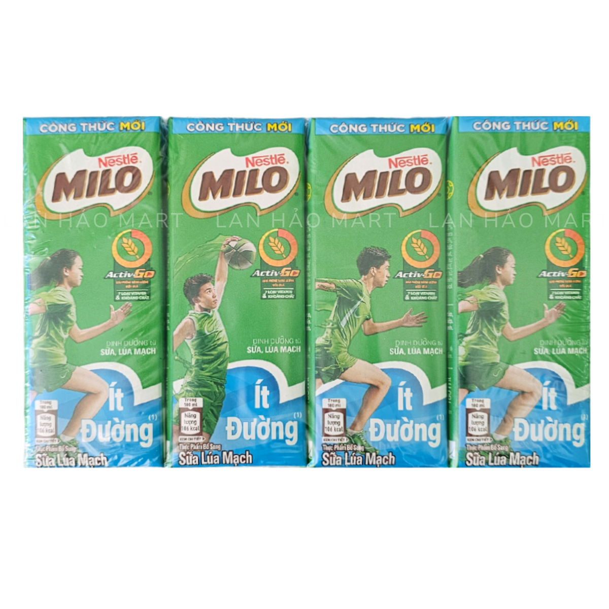 Lốc 4 hộp sữa lúa mạch cacao ít đường Milo Active Go 180ml