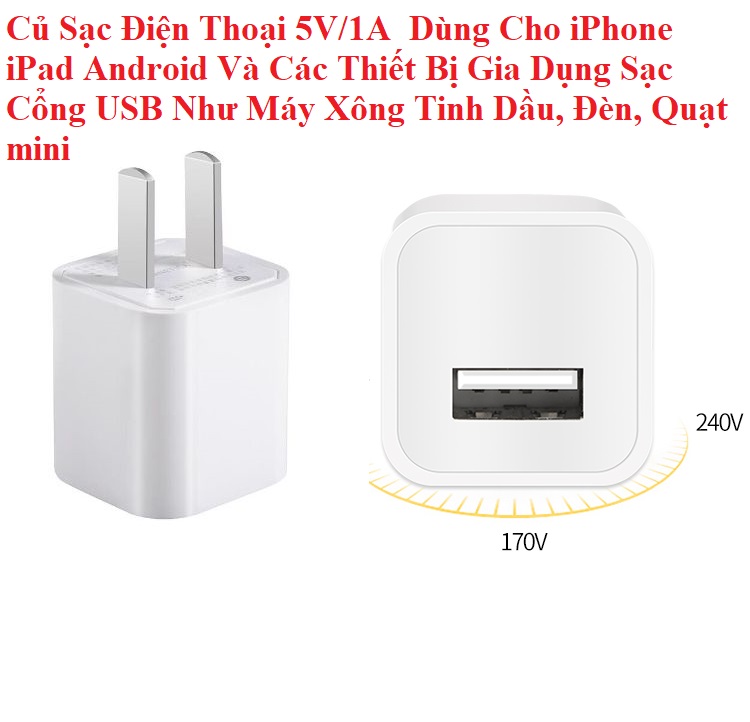 Cốc Sạc Điện Thoại 5V/1A Dùng Cho iPhone iPad Android Và Các Thiết Bị Gia Dụng Sạc Cổng USB Như Máy Xông Tinh Dầu, Đèn, Quạt mini, Loa Bluetooth