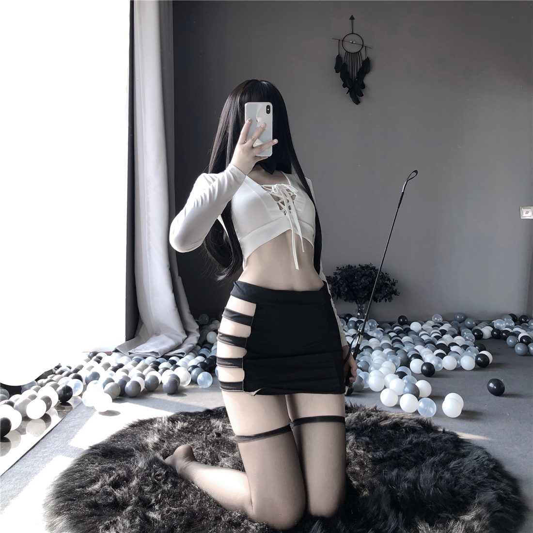 Đồ ngủ sexy Cosplay thư ký áo dài tay rách chân váy
