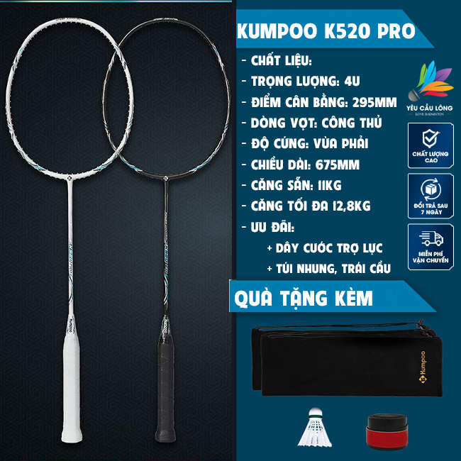 Vợt Cầu Lông Kumpoo K520 Pro Căng Sẵn 11Kg - Max 13,5Kg (Tặng Kèm Túi Đựng, Quấn Cán, Móc Khóa)