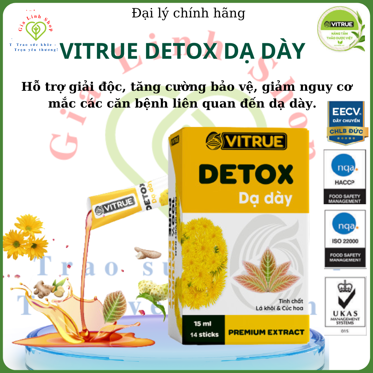 Vitrue Detox Dạ Dày - hỗ trợ giảm đau, giảm viêm loét dạ dày, dễ tiêu hoá, giảm đầy hơi khó tiêu trào ngược dạ dày.