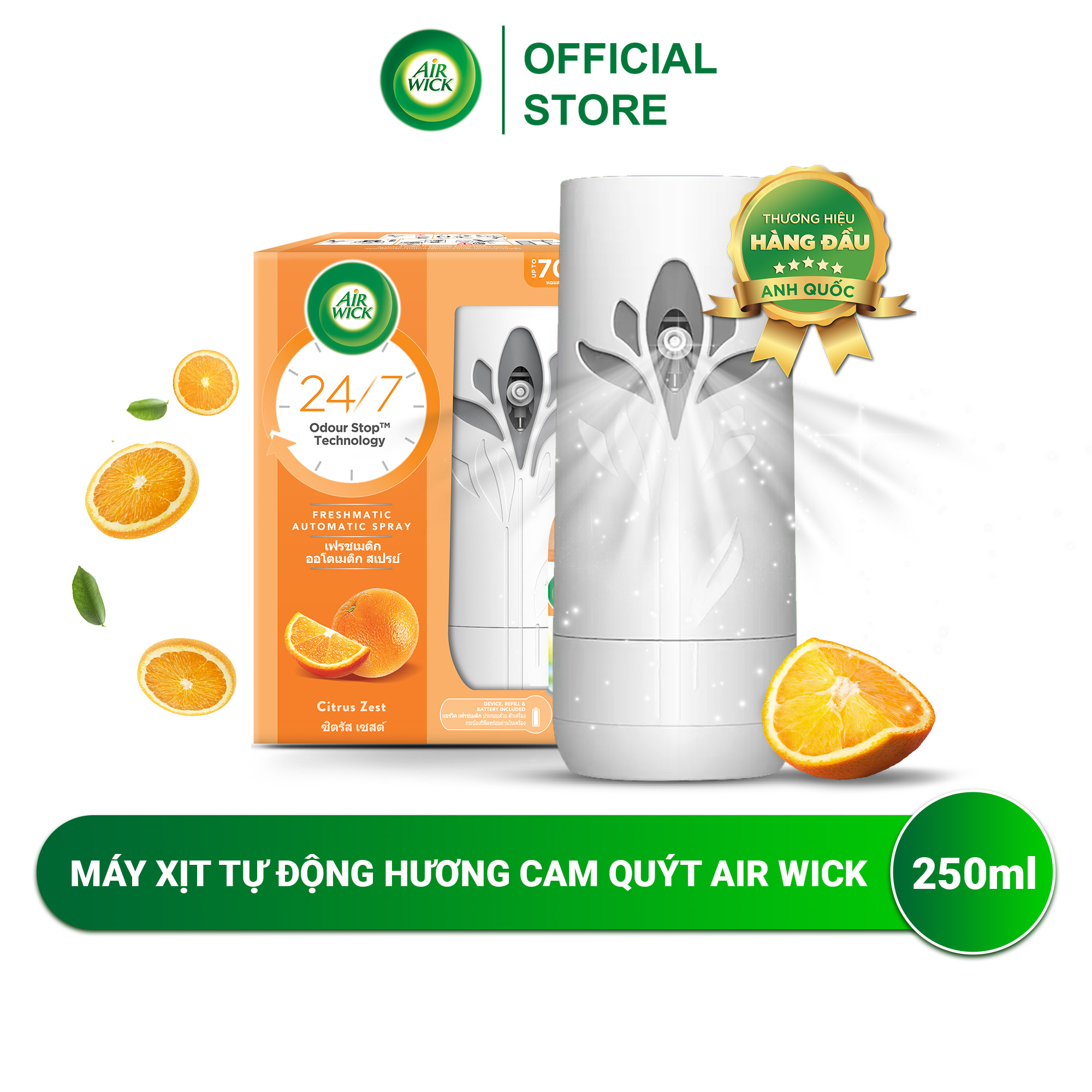 Máy xịt thơm phòng AIRWICK hương Cam Quýt, Anh Quốc, hương thơm thanh mát, công nghệ Odour Stop, ngát hương 24/7 250ml