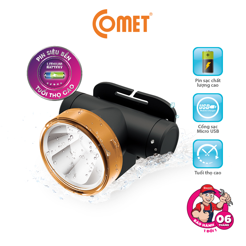 Đèn pin đội đầu Comet - CRT1614 Sử dụng pin Lithium, 2 chế độ chiếu sáng: Cốt và pha, có thể dùng dưới mưa, 2 màu ánh sáng trắng,vàng