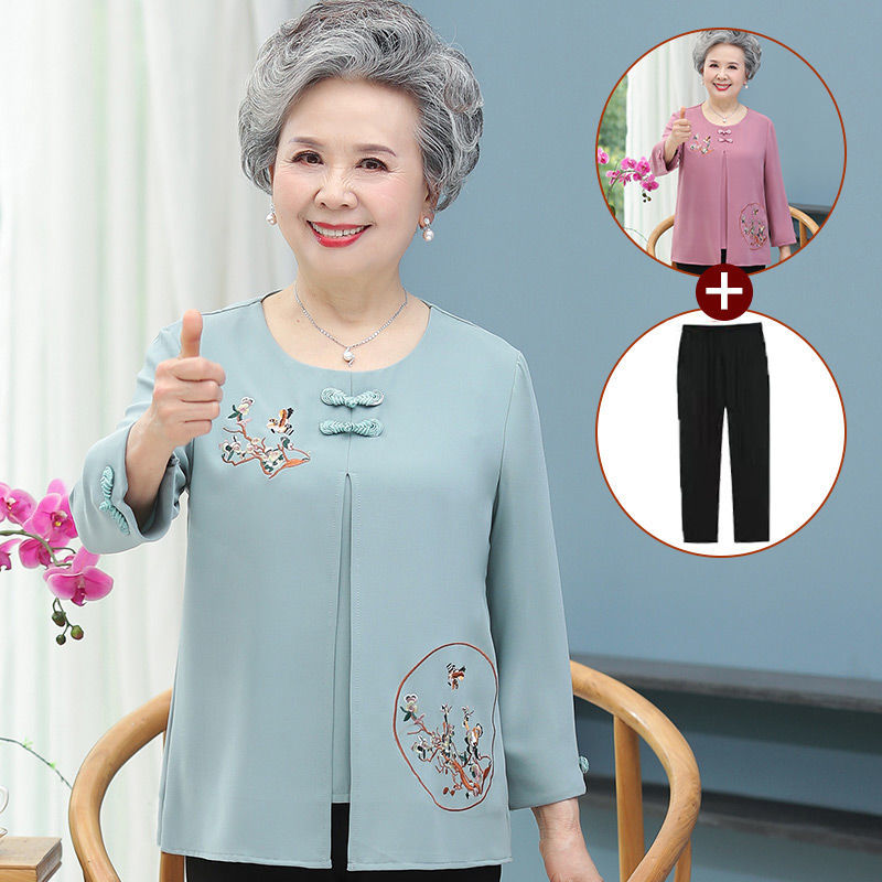 Hai bộ quần áo mùa xuân cho người trung niên và cao tuổitáo sơ mi trang phục bà già quần áo bà già