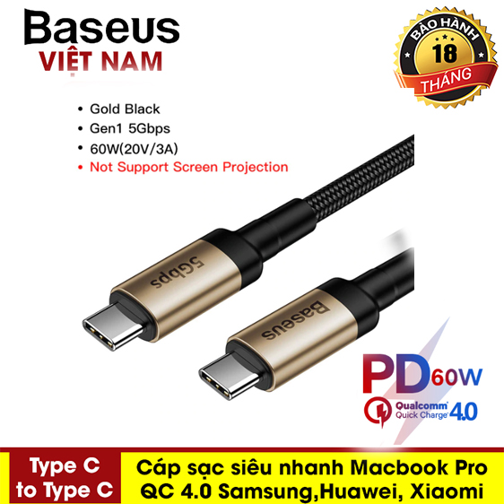 Cáp sạc nhanh Baseus 60W-5Gbps / 100W-10Gbps Type-C to Type-C PD sạc nhanh Quick Charge 4.0 3.0 cho Samsung các smartphone
