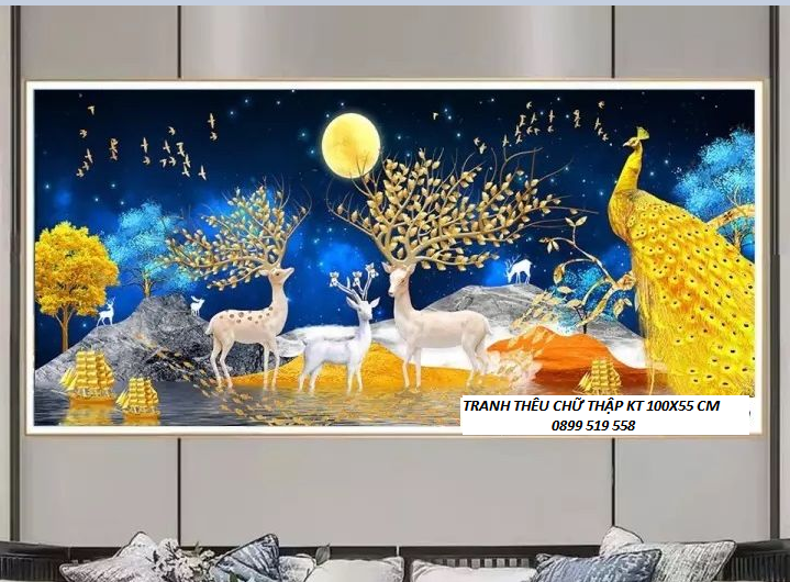 Tranh thêu chữ thập hươu tài lộc thêu kín