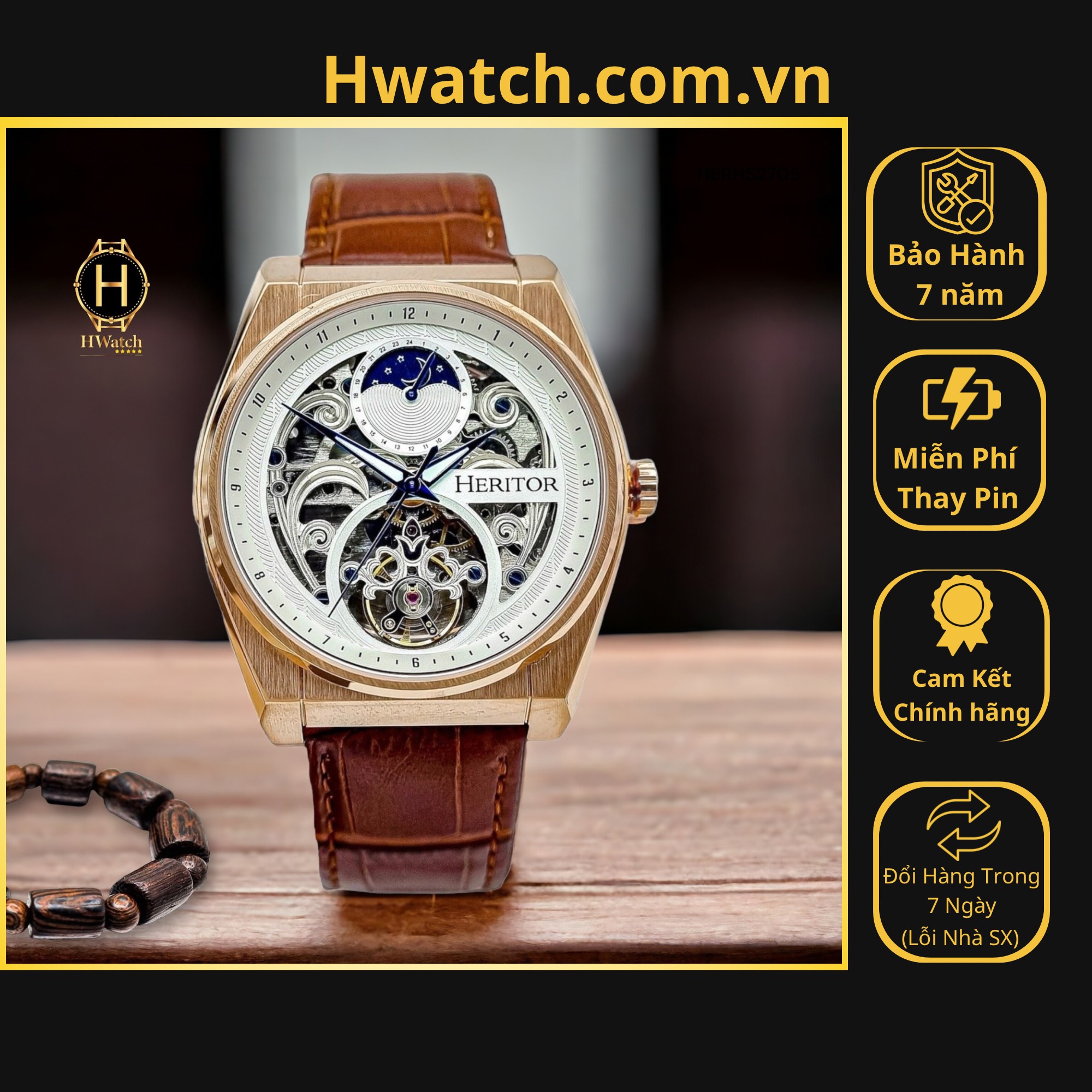 [Chính hãng] [Có sẵn] Đồng Hồ Nam Heritor Automatic HERHS3005 Dây Da Vỏ Vàng Hồng Mặt Trắng