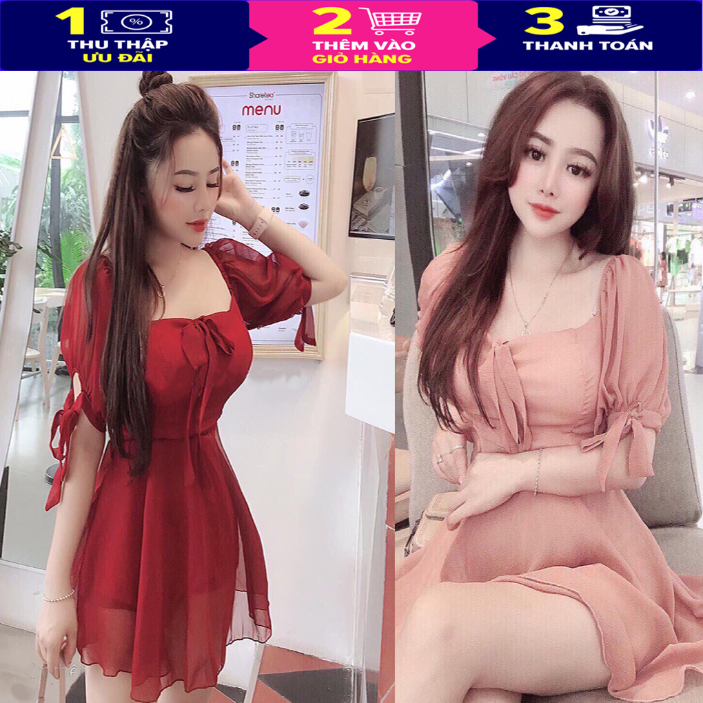 Đầm voan cổ chử u tay phồng cột nơ phong cách thời trang mới thời trang 2020 đầm nữ dự tiệc cột nơ tay phối voan thời trang nữ 2020