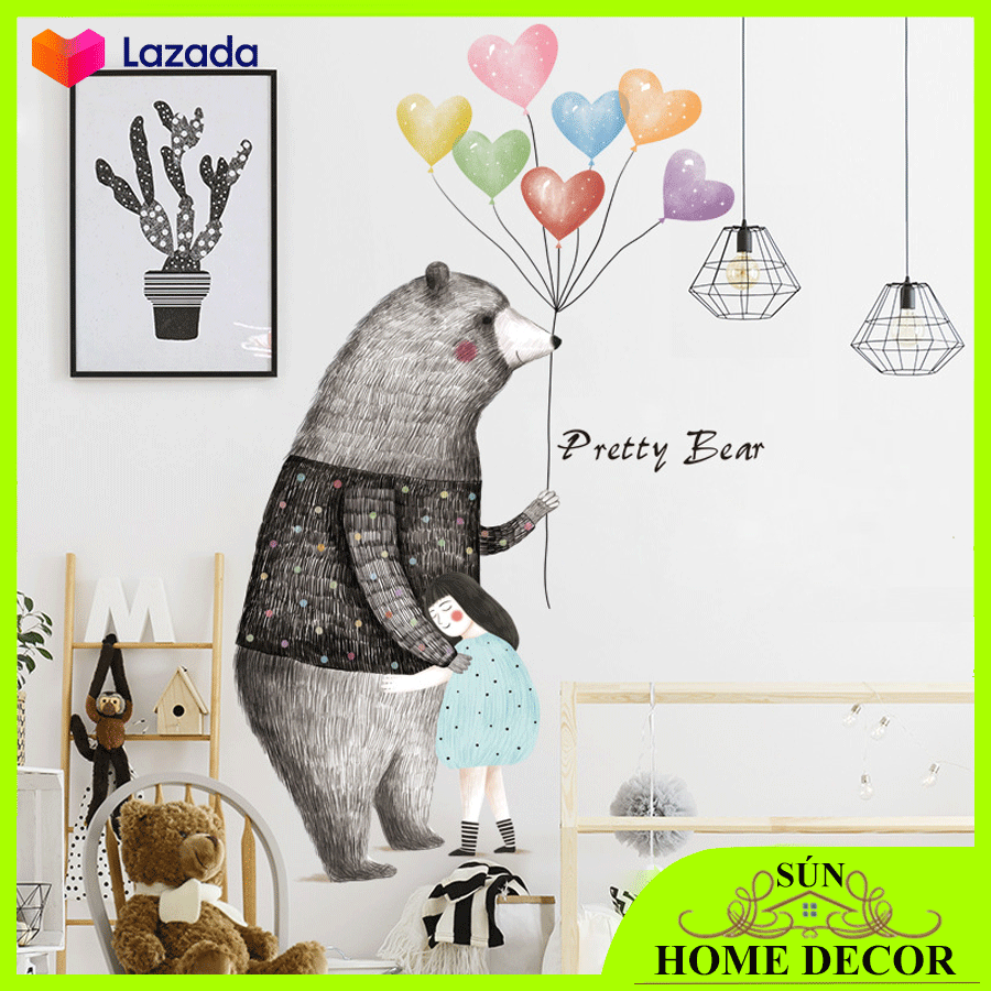 [Mẫu chú gấu và bé gái hoạt hình- Kích thước lớn] Decal dán tường cho phòng của bé hoặc không gian quá coffe siêu tĩnh lặng nghệ thuật, tranh dán tường trang trí