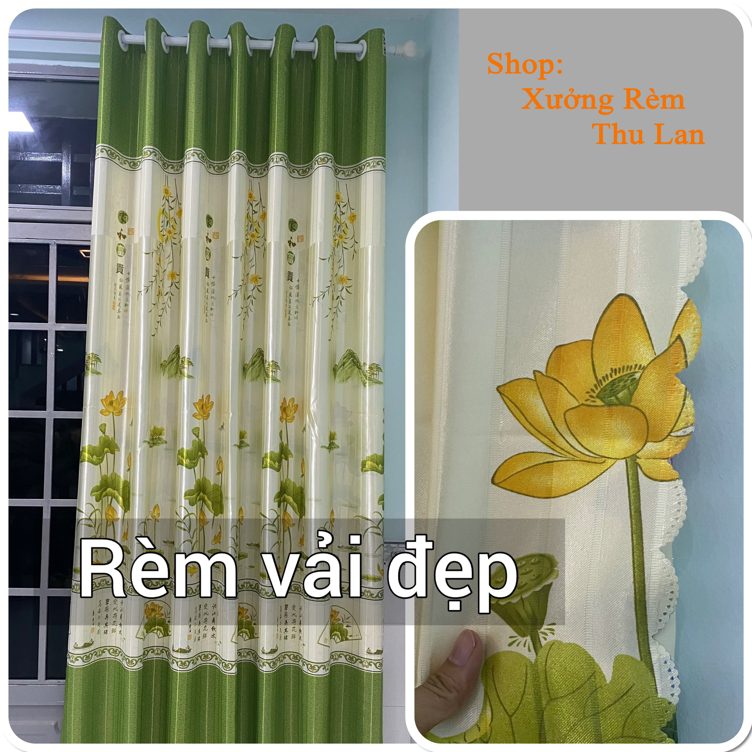 Rèm cửa hoa văn đẹp màu xanh chiếc lá - giá tốt - vải rèm 2 mặt
