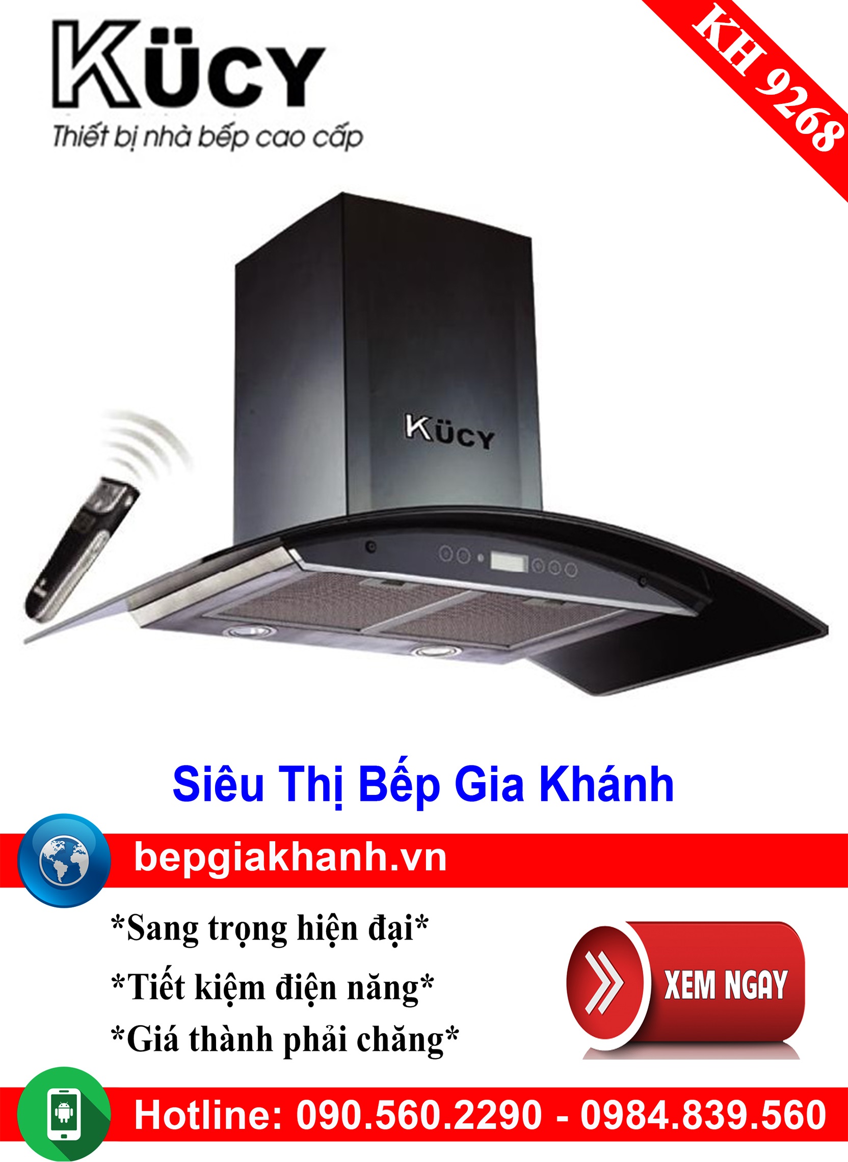 [HCM]Máy hút mùi dạng kính cong 90cm Kucy KH 9268, máy hút mùi nhà bếp, máy hút mùi bếp, máy hút mùi