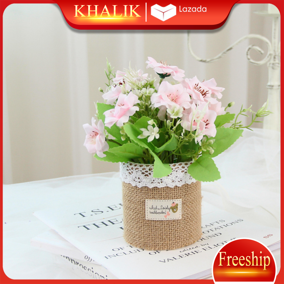 [FREESHIP] Hoa giả trang trí để bàn đẹp, hoa giả cỏ dại KHALIK -  chậu hoa bằng vải bố - HF014 (nhiều màu lựa chọn)