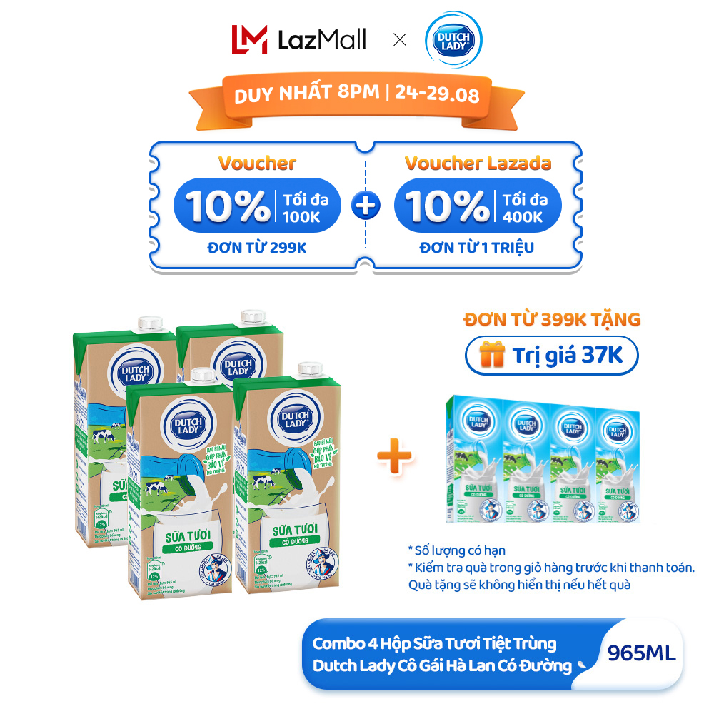 Combo 4 hộp sữa tươi tiệt trùng dutch lady cô gái hà lan có đường 965ml