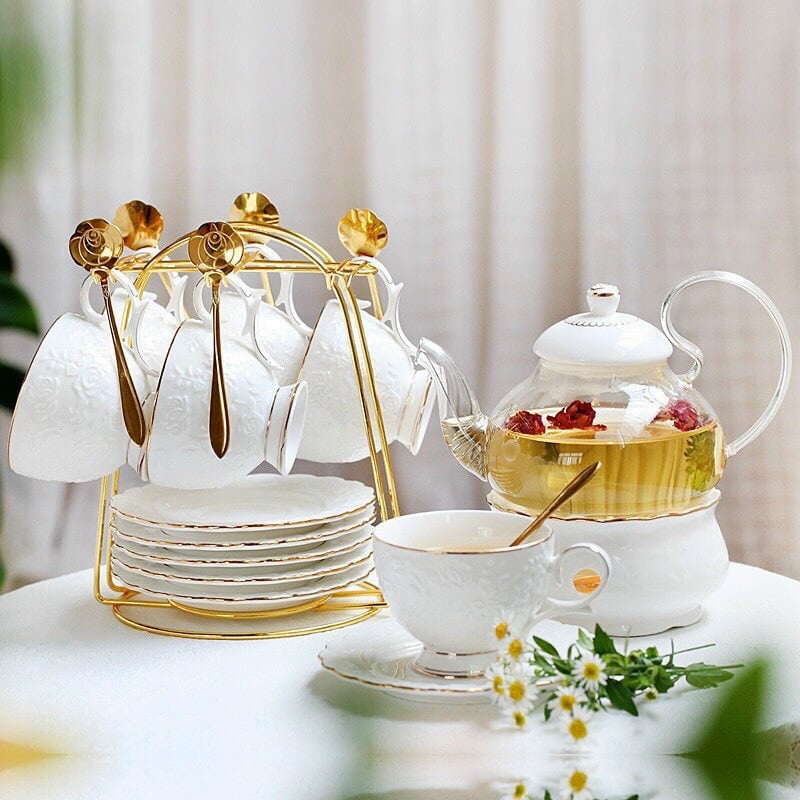 BỘ ẤM CHÉN KÈM KHAY SỨ PHA TRÀ HOA SỨ XƯƠNG CAO CẤP MÀU TRẮNG CÔNG CHÚA VIỀN VÀNG HOA HỒNG NỔI CÓ ĐẾ