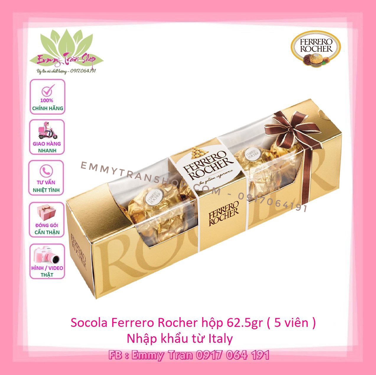 Kẹo Socola Ferrero Rocher Chocolate Hộp 62.5g