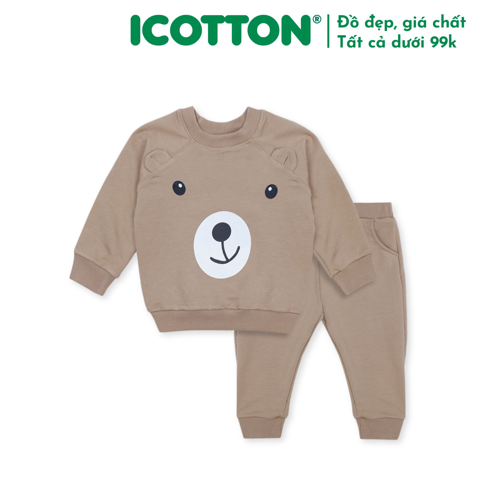 Bộ quần áo thu đông Icotton hình Gấu màu nâu BT178