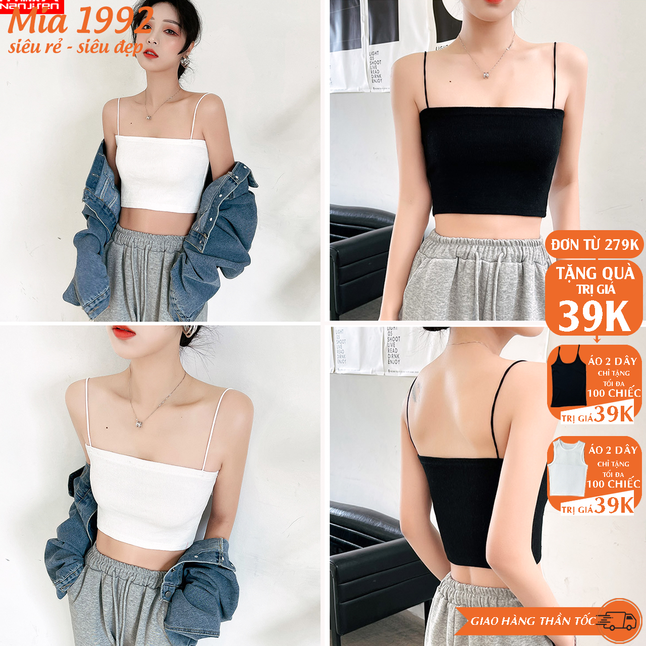 Áo 2 dây nữ MIA 1992 cao cấp - áo hai dây kiểu dáng sợi bún không đệm chất cotton ôm sát cơ thể co giãn thoáng mát