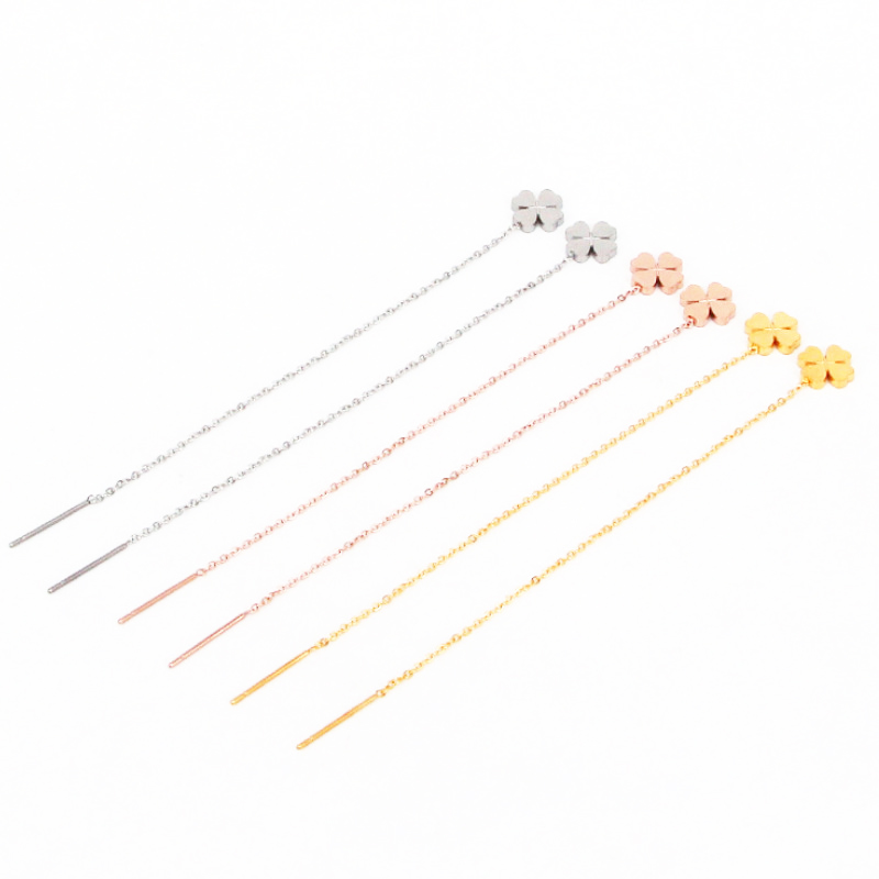 Bông Tai Cỏ 4 Lá Chuỗi Dài Titan Ko Đen TT 3114