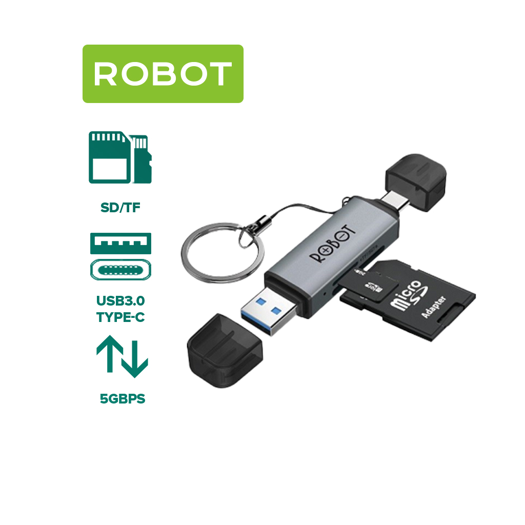 Thiết bị đọc thẻ nhớ Robot CR202S gồm 2 cổng Type-C và USB hỗ trợ đọc thẻ nhớ sd và thẻ nhớ microusb đa năng tiện dụng sử dụng cho nhiều thiết bị