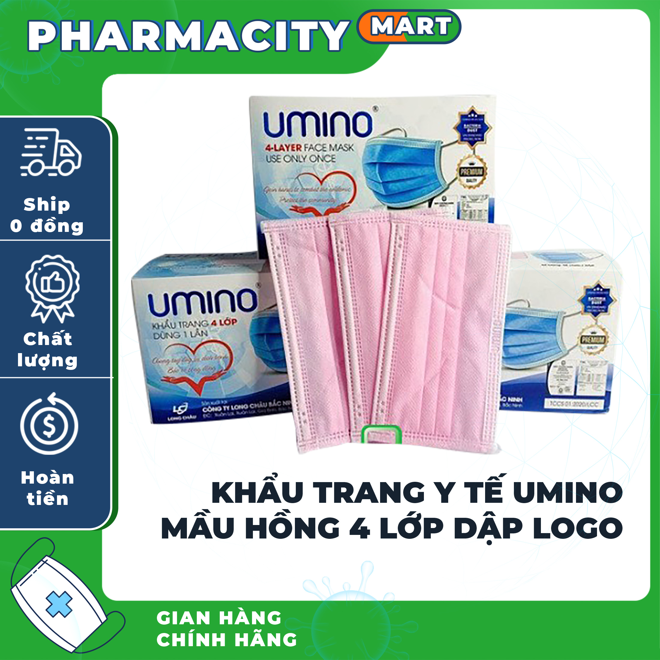 [ CHÍNH HÃNG ] Khẩu Trang Y Tế UMINO MẦU HỒNG 4 Lớp Dập LOGO Hộp 50 Chiếc Tác Dụng Tránh Khói BỤi Lọc Bụi