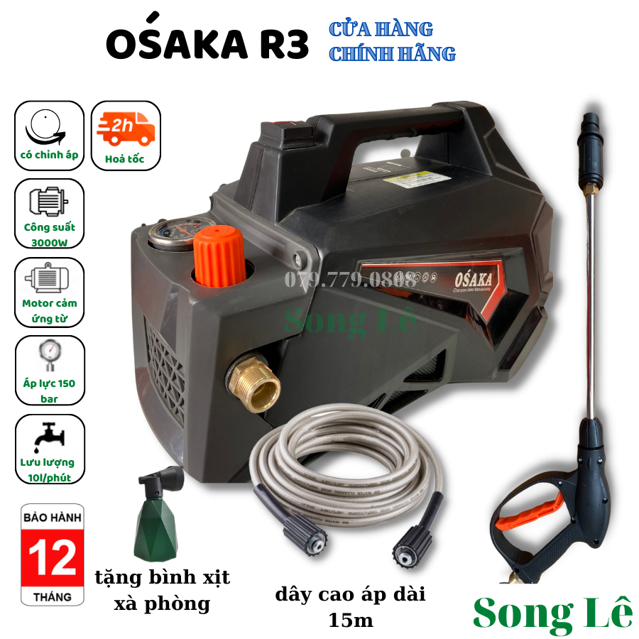 Máy Rửa Xe Cao Áp OSAKA R3 3000W - Đời mới 2022 - Có chỉnh áp - may rua xe tặng dây 15m
