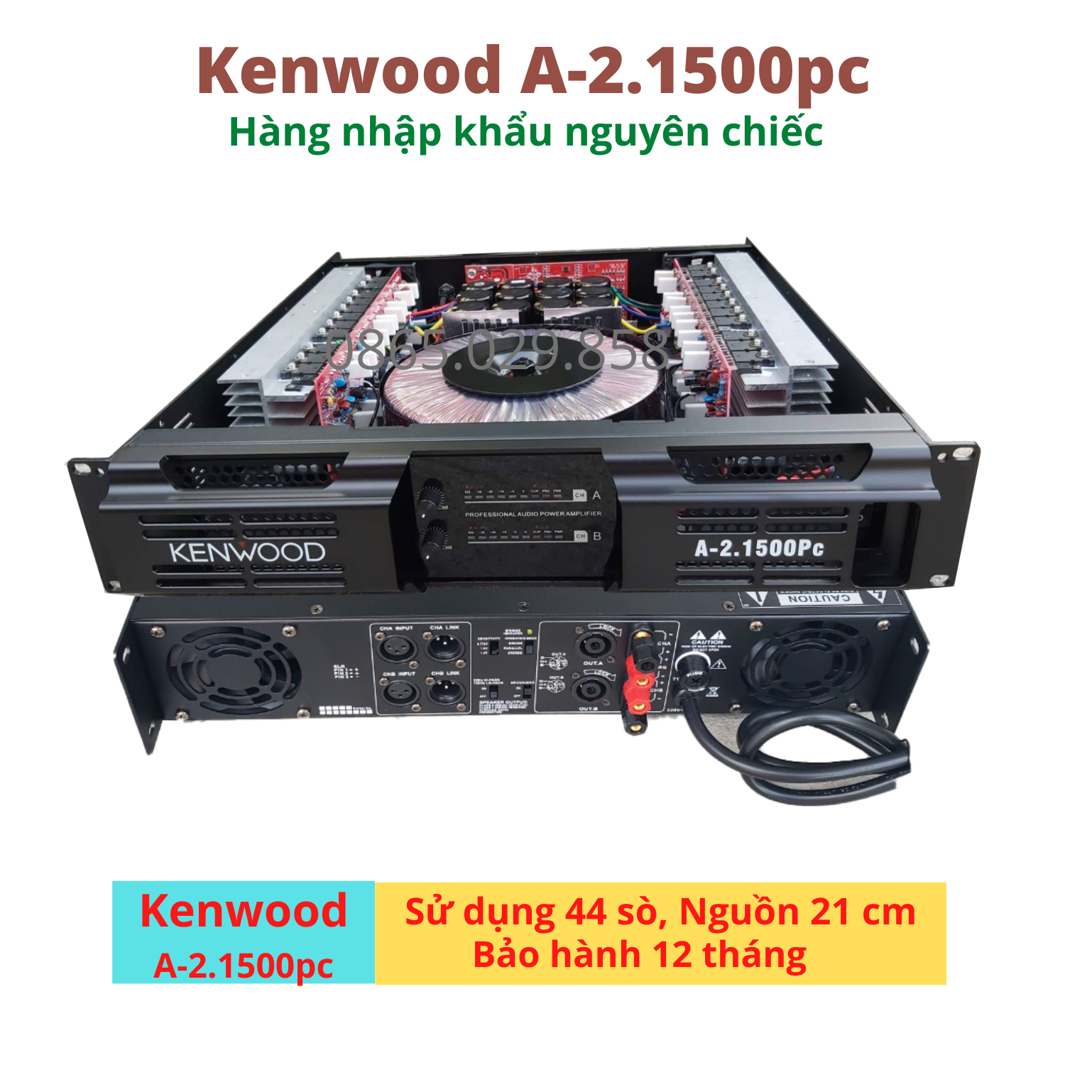 (Technology of JAPAN)Cục đẩy công suất 2 kênh Kenwood/THacoustic A-2.1500pc, Công Suất 2x1000w/8 ôm 2x1500w/4 ôm,44 sò, Nguồn Đồng.Bảo hành 12 tháng.
