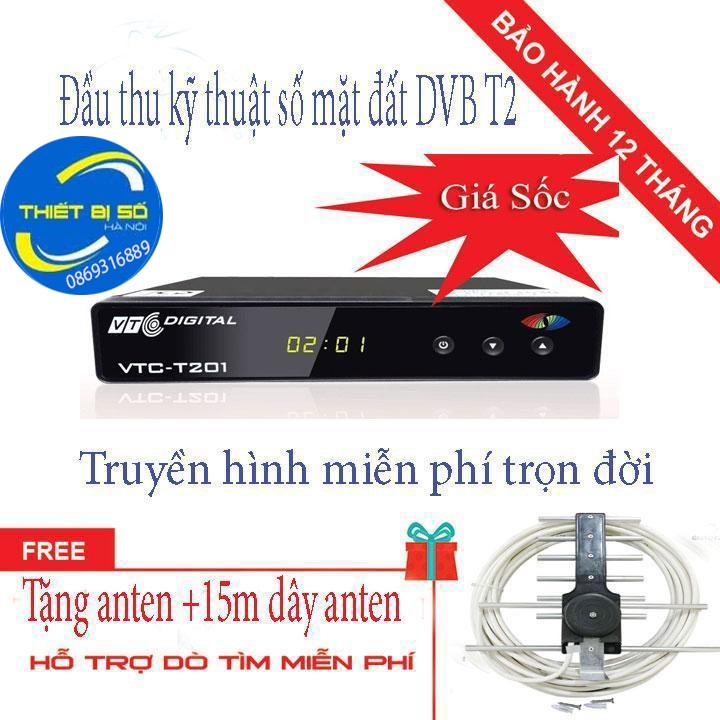 Đầu thu kĩ thuật số dvb t2 vtc t201 tặng anten kèm dây 15m