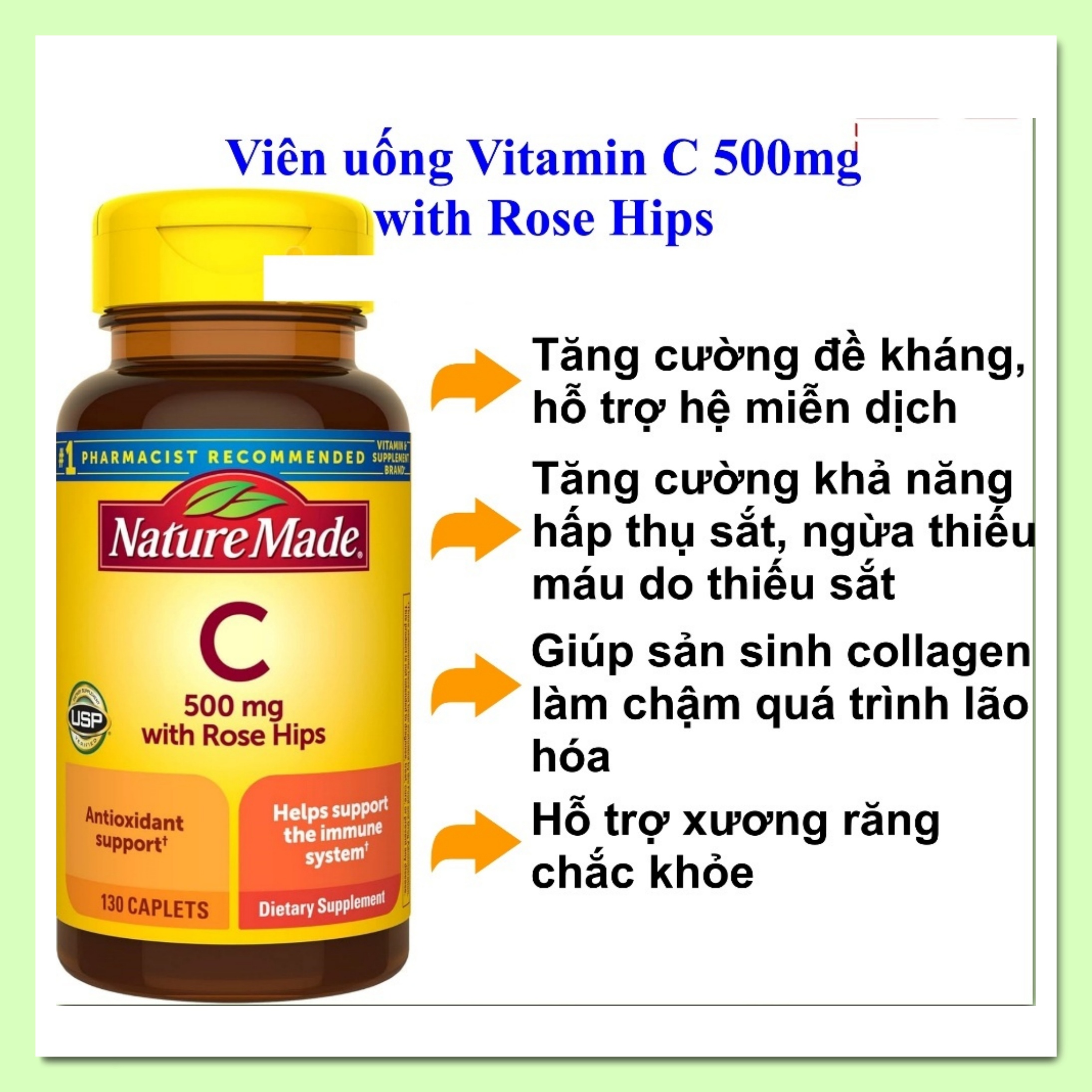 Viên uống Vitamin C 500mg with Rose Hips Nature Made hũ 130 viên [Hàng Mỹ]