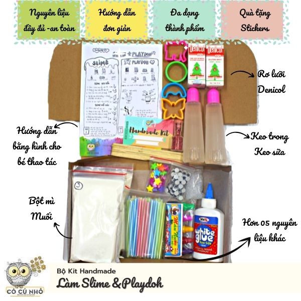 Làm Playdoh & Slime tại nhà {Full Nguyên Vật Liệu+ Thực hiện đơn giản} Tặng kèm 10 sticker Khủng Long dễ thương